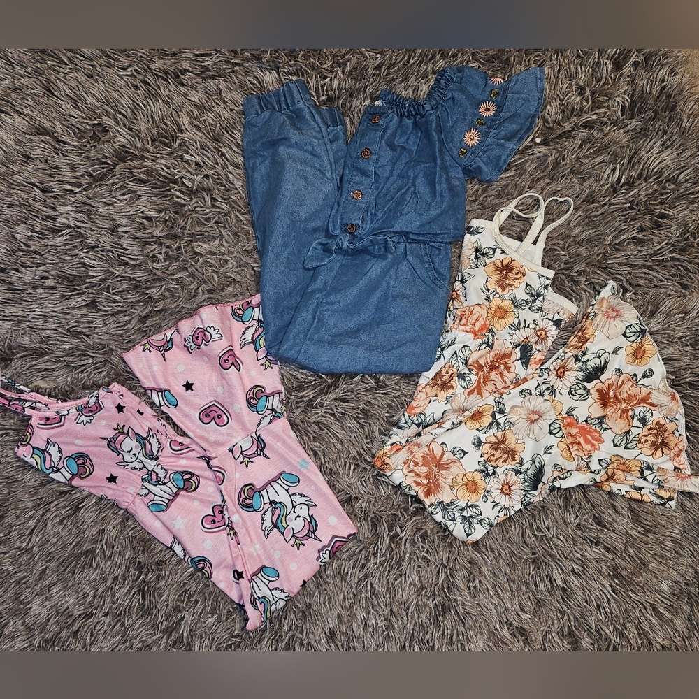 Three Pair Girls Romper Bundle | Denim | Fall Flowers | Pink Unicorn | 4T